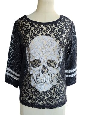 Express Black Lace Skull Tee with White Skull Detail